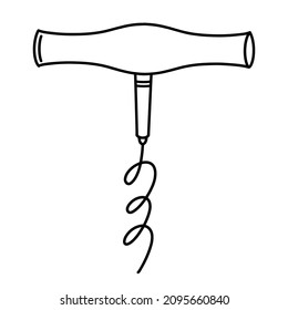 Icono vectorial Corkbolt. Ilustración dibujada a mano aislada sobre fondo blanco. Abierto para bebidas alcohólicas. Espiral metálica y mango de madera. Esbozo de herramientas de cocina, doodle monocromo. Concepto sencillo.
