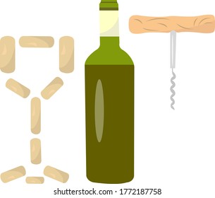 corkscrew wine bottle and glass lined from wooden corks concept of a popular alcoholic drink made from grapes object on a white background