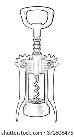Corkscrew, wine bottle opener sketch on white background