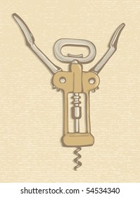 Corkscrew, wine bottle opener sketch on beige paper textured background.