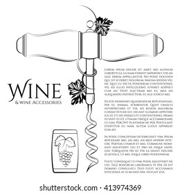 Corkscrew and wine cork on white background with text