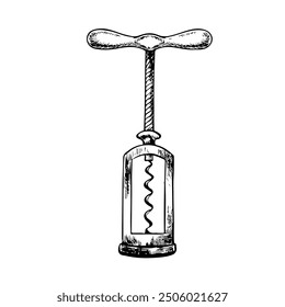 A corkscrew for wine. Vector graphics, black and white hand-drawn illustration. Isolate on a white background. For packages and labels. For banners and posters. For restaurant and bar menus.