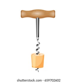 Corkscrew with wood cork vector illustration isolated on white