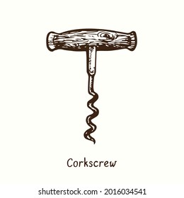 Corkscrew with wooden handle. Ink black and white doodle drawing in woodcut style.