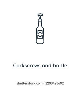 Corkscrews and bottle of wine concept line icon. Linear Corkscrews and bottle of wine concept outline symbol design. This simple element illustration can be used for web and mobile UI/UX.