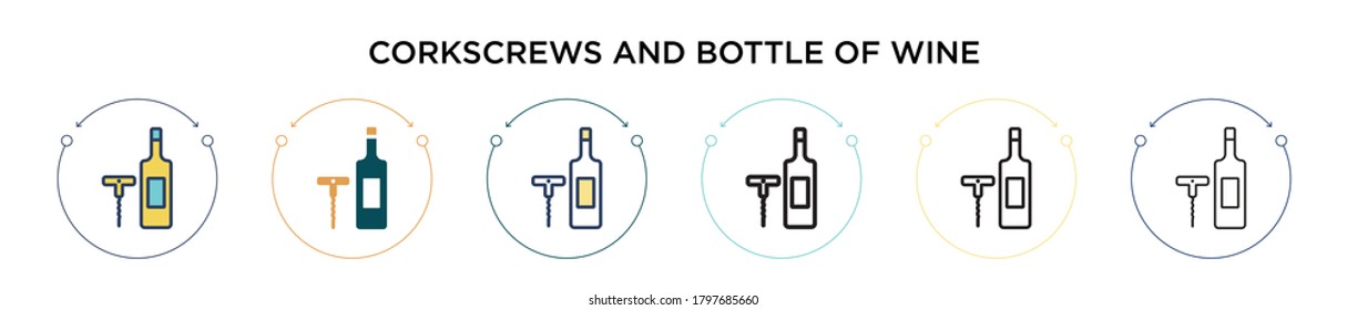 Corkscrews and bottle of wine icon in filled, thin line, outline and stroke style. Vector illustration of two colored and black corkscrews and bottle of wine vector icons designs can be used for 