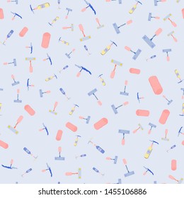 Corkscrews, corks on blue background seamless pattern. Pastel colours. Vector.