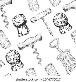 Corkscrews and corks seamless pattern on white background . Concept for print, web design, cards, textile, menu