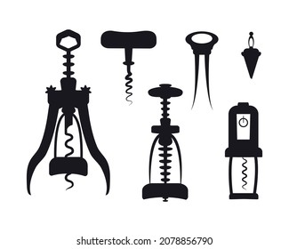 corkscrews set. 5 items to open wine bottles. Stopper for vino, champagne, olive oil. Black and white silhouette. Vector illustration. Icon for web design