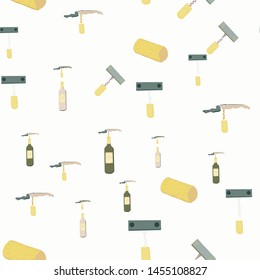 Corkscrews and wine bottles on light background seamless pattern. Vector.