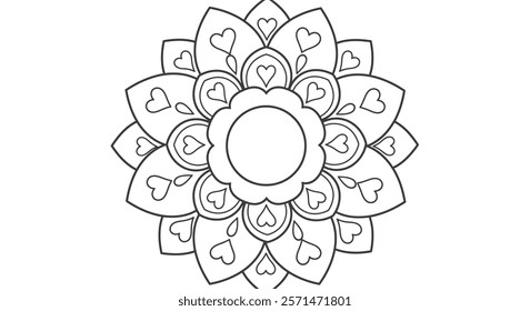 Corloing page of A large flower mandala with a central circle and rounded petals radiating outwards.