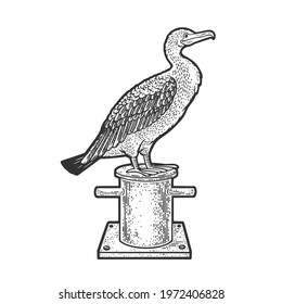 cormorant bird on mooring bollard bitt sketch engraving vector illustration. T-shirt apparel print design. Scratch board imitation. Black and white hand drawn image.