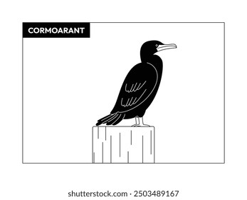 Cormorant bird standing on thick log, black and white, outline, vector illustration.
