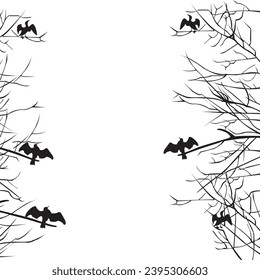 Cormorant birds sitting on branch with opened wings; Silhouette of Cormorant birds that dries his wings in trees