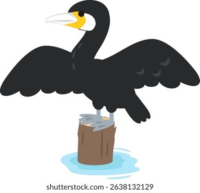A cormorant perched on a post in the river