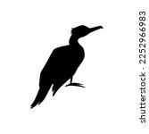 Cormorant or shag black silhouette, flat vector illustration isolated on white background. Black icon of aquatic sea bird. Marine bird shadow.