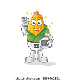 corn astronaut waving character. cartoon mascot vector