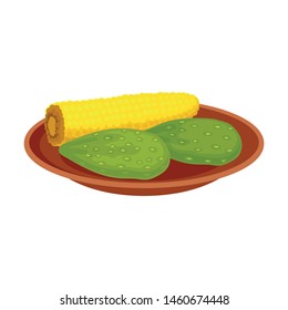 Corn and avocado on a plate. Vector illustration on white background.