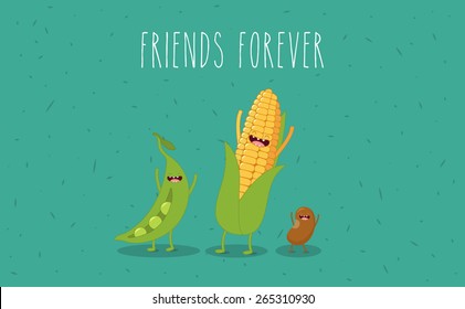 Corn, beans, peas cartoon vegetables illustration. Vector cartoon. Friends forever. Comic characters. Use for card, poster, banner, web design and print on t-shirt. Easy to edit.