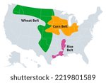 Corn Belt, Wheat Belt and Rice Belt of the United States, political map. Regions in the U.S. states, that grow the nations dominant portion of maize, wheat and rice. Isolated illustration, over white.