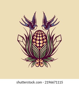 Corn And Birds Retro Illustration