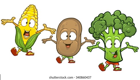 Corn broccoli and potato cartoon characters giving hug isolated on white background