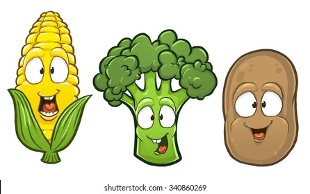Corn broccoli and potato smiling cartoon characters isolated on white background