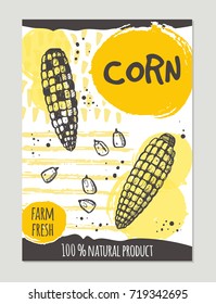 Corn brochure concept design. Retro background. Hand drawn vector illustration. Can be used for street festival, farmers market, country fair, shop, menu, cafe, restaurant, poster, banner.