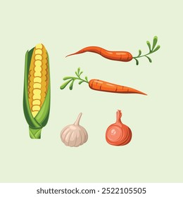 Corn, Carrots and Onion Shiny Colorful Vector Clip Art