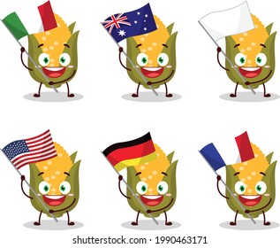 Corn cartoon character bring the flags of various countries. Vector illustration