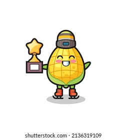 corn cartoon as an ice skating player hold winner trophy , cute style design for t shirt, sticker, logo element
