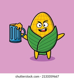 Corn cartoon mascot character with beer glass and cute stylish design
