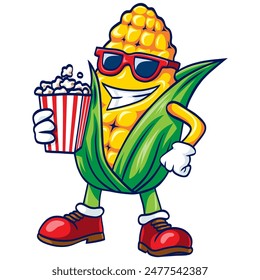 Corn Cartoon Maskottchen Charakter Design Tragen Sonnenbrille mit Popcorn Box Vektorillustration