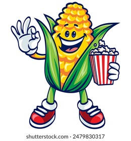 Corn Cartoon Popcorn Okay Hand Sign Illustration Vector