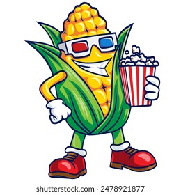 Corn Cartoon Popcorn Wearing 3D Glasses Illustration Vector