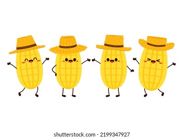 Corn cartoon vector. Cute vegetable vector character isolated on white. Corn mascot. Farmer hat. Peasant hat vector.