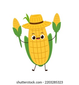 Corn cartoon vector. Cute vegetable vector character isolated on white. Corn mascot. Farmer hat. Peasant hat vector.