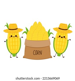 Corn cartoon vector. Cute vegetable vector character isolated on white. Corn mascot. Farmer hat. Peasant hat vector.