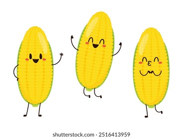 Vector de dibujos animados de maíz. Carácter lindo del Vector vegetal aislado en blanco. Mascota de maíz.