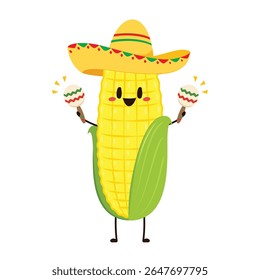 Vector de dibujos animados de maíz. Carácter lindo del Vector vegetal aislado en blanco. Mascota de maíz.