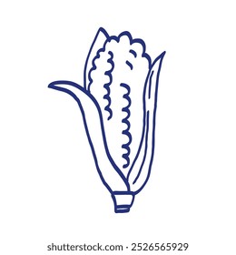 Cereales de maíz. Ilustración vectorial de fruta fresca. Boceto dibujado a mano. Dibujo azul del bolígrafo o del marcador. Imagen de niños primitivos.
