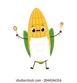 Corn character design. Corn on white background. Corn kernel vector. Corn cartoon wearing apron.