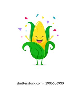 El personaje de maíz se siente feliz aislado en un fondo blanco. Ilustración emoticono de caracteres de maíz