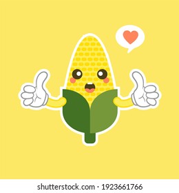 Corn character flat design vector illustration . Cute funny corn in cartoon kawai style. Vector isolate on color background