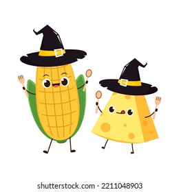 Corn and Cheese cartoon vector. Cute vegetable vector character set isolated on white. Corn and Cheese in a witch hat.