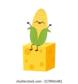 Corn and Cheese vector. Corn and Cheese character design. Corn on white background. Cube cheese.