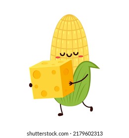 Corn and Cheese vector. Corn and Cheese character design. Corn on white background. Cube cheese.