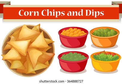 Corn chips and four kind of dips illustration