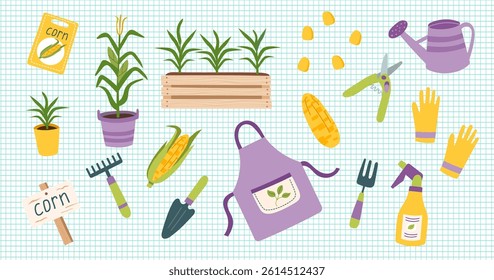 Corn cliparts isolated on checkered background. Gardening concept. Corn and equipment for planting vegetables. Vector hand drawn illustration.