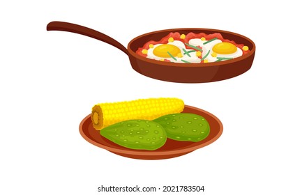 Corn Cob and Avocado with Frying Pan and Scrambled Eggs Vector Set